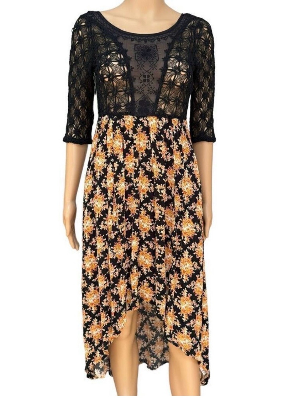 FP Movement by Free People Black and Gold floral Crochet Bodice 3/4 Sleeve Dress